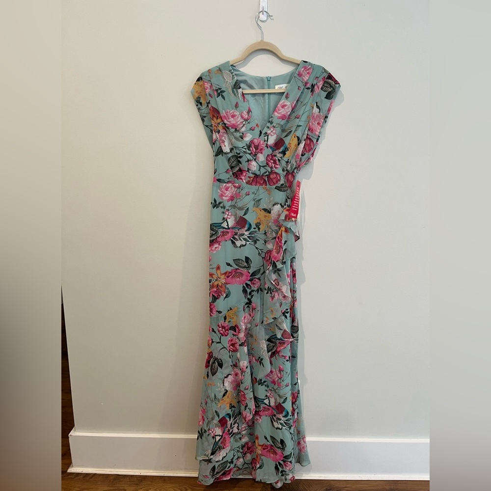 Full Length Floral Mint Green Rose Accented Eliza Jade Dress
